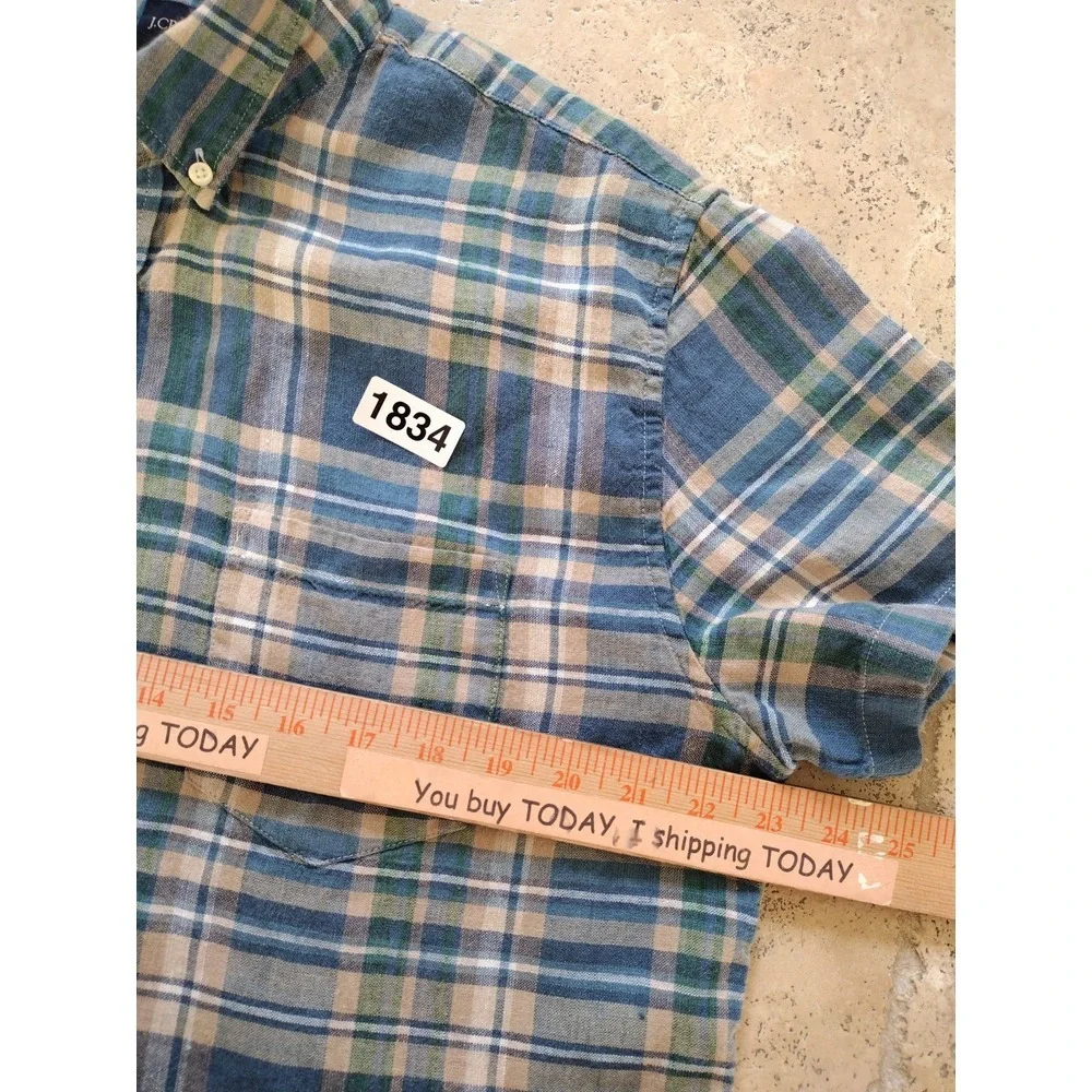 J. Crew Button Down Shirt Man‎ L Green Blue Plaid Short Sleeve Linen Blend Slim
